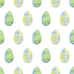 Easter eggs background. Seamless watercolor pattern with green, blue and yellow eggs for wrapping paper, wallpaper, holidays textile