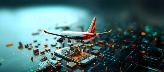 Airplane hovering over 3D city in smartphone displaying digital cityscape, futuristic travel, technology concept