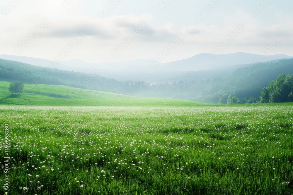 Poster serene green landscape with soft sunlight illuminating rolling hills and flowering fields during a p