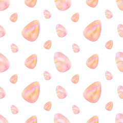 Easter eggs coral background. Seamless watercolor pattern with pink and yellow eggs for wrapping paper, wallpaper, holidays textile