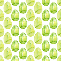 Easter eggs green background. Seamless watercolor pattern with abstract hand drawn eggs for wrapping paper, wallpaper, holidays textile, fabric