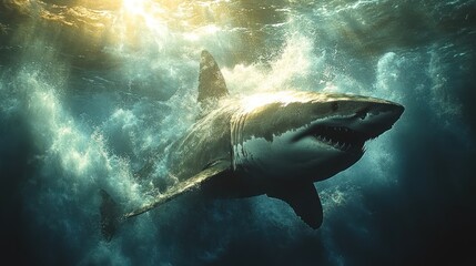 Naklejka premium A majestic shark swimming through the ocean, illuminated by sunlight.