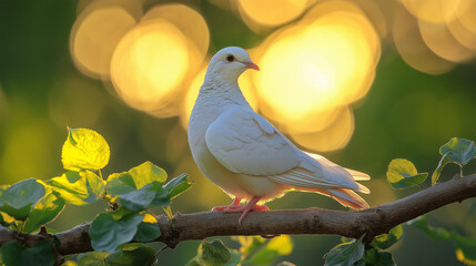 Obraz premium White dove on branch at sunset with lush green leaves