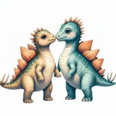 Naklejka premium Adorable Dinosaur Duo - Two cute baby dinosaurs, one teal and one beige, stand close together, symbolizing friendship, love, companionship, childhood innocence, and prehistoric charm.