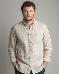 Stylish man showcases confidence in light shirt and trousers against a neutral backdrop