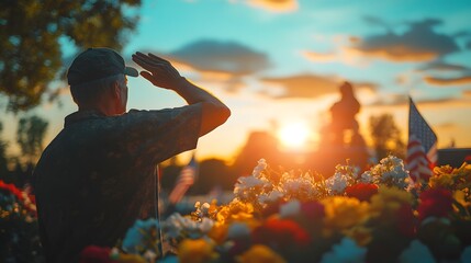 Silhouette of a veteran saluting at sunset, amidst a vibrant floral display and an American flag. A poignant tribute to military service and remembrance.