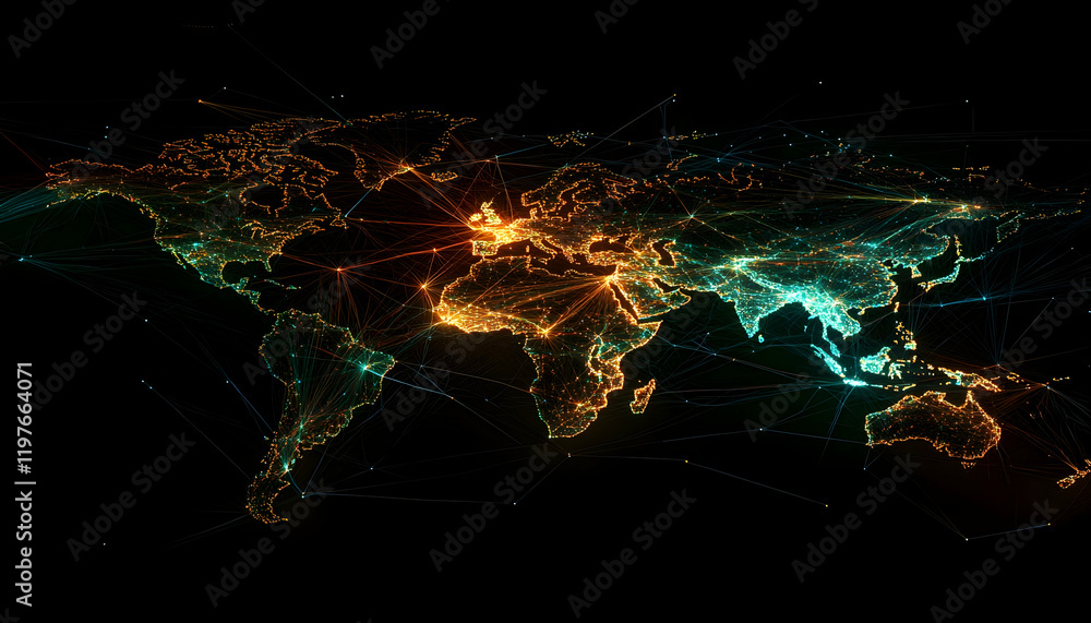 Poster digital map of europe and africa illuminated by glowing network points and connections -