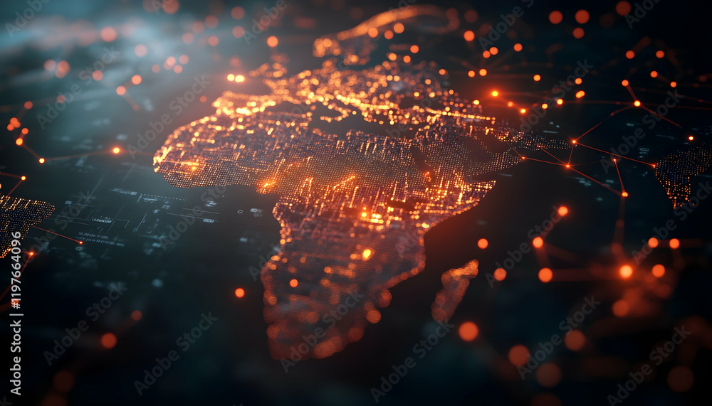 Poster digital map of europe and africa illuminated by glowing network points and connections -