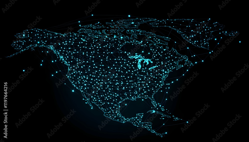 Poster digital map of north america featuring glowing points and lines symbolizing technology infrastructur