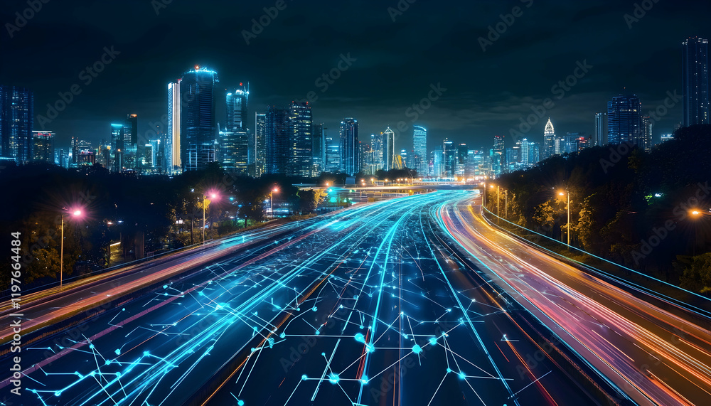 Poster digital tunnel with glowing streams of data, symbolizing futuristic technology and connectivity -