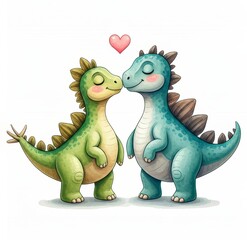 Obraz premium Dino Love Kiss - Adorable cartoon dinosaurs sharing a tender kiss, symbolizing love, affection, innocence, friendship, and joy. Perfect for children's books, cards, or prints.