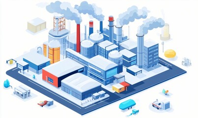 Obraz premium Snowy industrial complex, smokestacks emitting pollution.