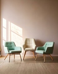Serene Therapy Room Setup: Three Comfy Armchairs in a Cozy Triangle Formation with a Petite Chair