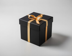 black luxury gift box with golden ribbon on white background, Happy Valentine's Day, Valentine's gift