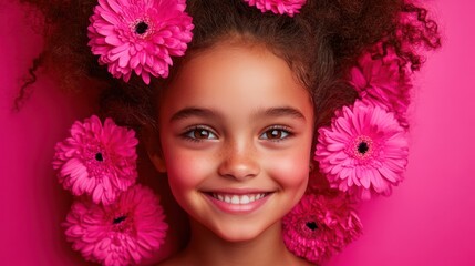 A cheerful young girl adorned with vibrant flowers in her hair beams with joy, embodying the spirit of love and celebration on valentinesDay.