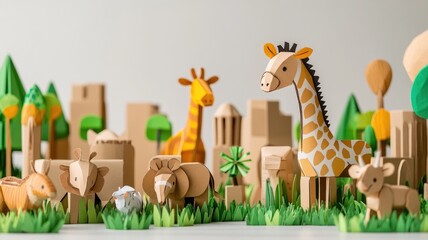Wooden animal toys in nature-themed setting with giraffe, trees, and grass