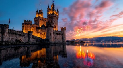 Fototapeta premium A majestic castle stands tall by the water's edge, reflected beautifully in the tranquil surface as vibrant fireworks illuminate the sky during a stunning dusk celebration.