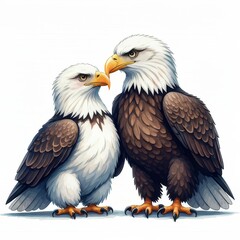 Obraz premium Majestic Bald Eagle Pair - Two bald eagles, one adult and one young, stand close together, symbolizing family, protection, freedom, strength, and nature.