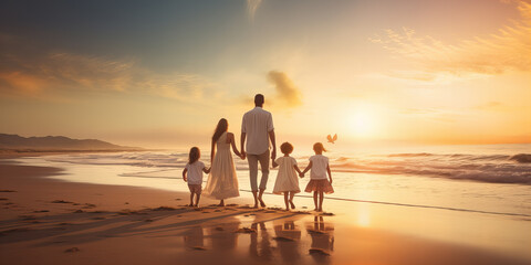 Fototapeta premium A view from behind of a family of four, with parents holding hands and walking along the sandy beach beside the water.