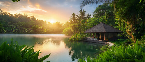 Obraz premium Eco-friendly bungalow by a tranquil lake surrounded by lush greenery at sunrise -