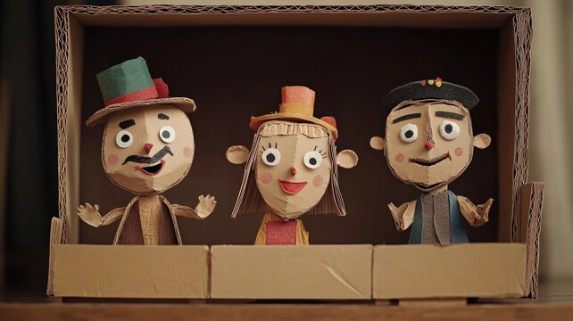 Three cardboard puppets wearing colorful hats and clothes standing in box theater