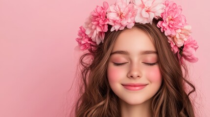 Naklejka premium A serene woman adorned with delicate pink flowers, her eyes closed in bliss, embodies the essence of love and beauty this Valentine's Day.