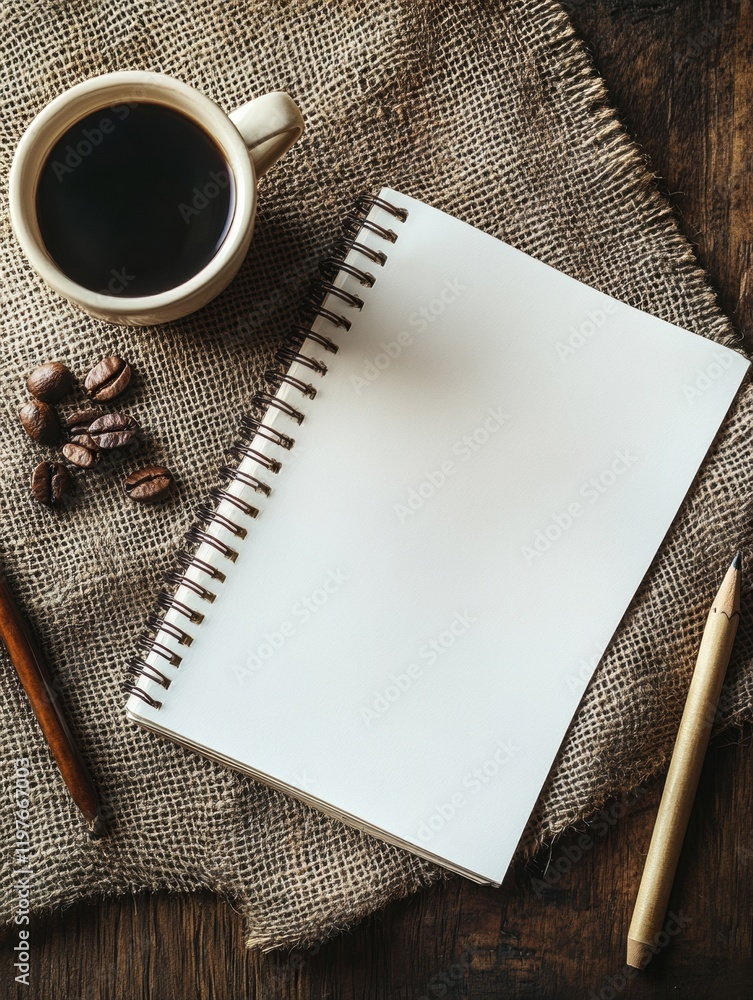 Leinwandbilder Creative workspace with blank notebook and coffee cup on rustic table for writing and brainstorming ideas. Generative AI
