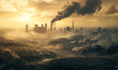 Naklejka premium Smog-filled sunset over polluted, industrial landscape.
