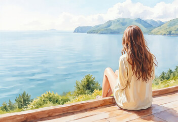 Fototapeta premium Young girl sitting on wooden deck looking at calm landscape with sea and mountains in sun