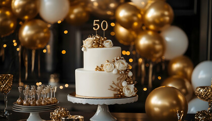Elegant 50th birthday cake surrounded by golden balloons and sophisticated decorations -