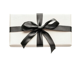 Elegant gift box wrapped in white paper and adorned with a classic black ribbon, perfect for special occasions.