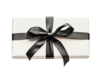 Elegant gift box wrapped in white paper and adorned with a classic black ribbon, perfect for special occasions.