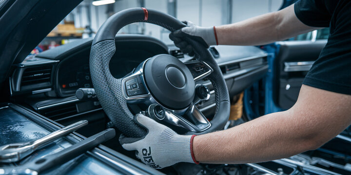 Steering Wheel Installation in Car Factory. Close-up shot of a worker's gloved hands carefully installing a modern steering wheel into the chassis of a car on an assembly line in a factory. - Powered by Adobe
