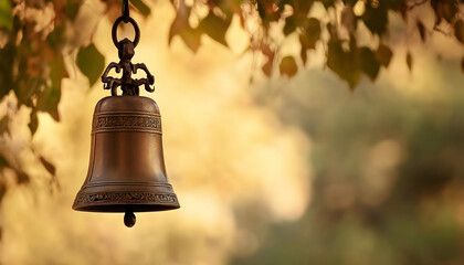 Fototapeta premium Elegant bronze bell suspended against a soft and simple background -