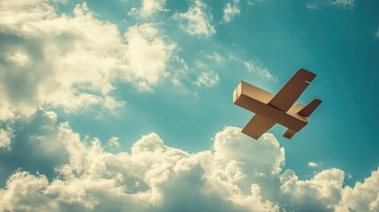 Cardboard plane flying in bright, cloudy sky