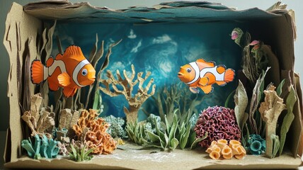 Colorful underwater diorama with two clownfish surrounded by coral and marine plants in cardboard box