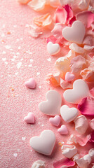 Fototapeta premium Sweet Valentine's Day vertical greeting card template with empty copy space with a delicate pink and white gradient, decorated with small candy hearts and rose petals