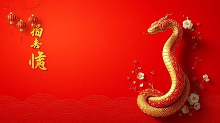 Obraz premium Luxury Red and Gold Chinese New Year 2025 Background – Creative Snake Zodiac Design with Lanterns and Floral Motifs, Chinese New Year copy space background, 2025 Lunar New Year Celebration