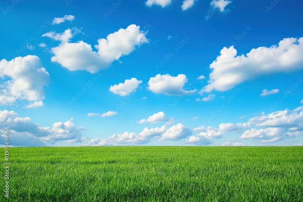 Poster vast green field under bright blue sky with fluffy white clouds during daytime in a serene landscape