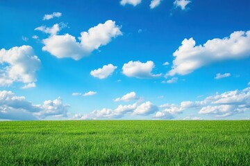 Obraz premium Vast green field under bright blue sky with fluffy white clouds during daytime in a serene landscape. Generative AI