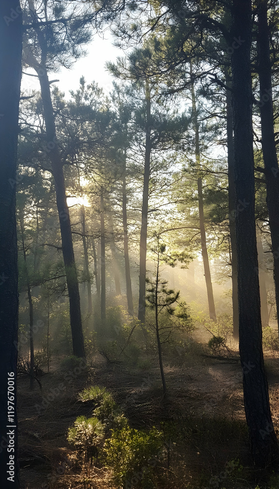 Poster enchanted forest with tall pine trees and an ethereal misty atmosphere -