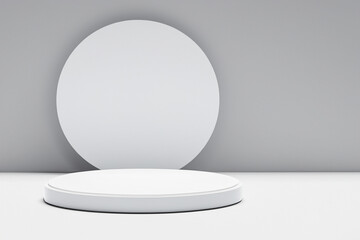 Generated image. 3D rendering, abstract background, podium. Round bases. Two round wooden figures standing on top of each other. AI created,