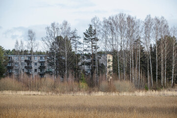 old soviet houses between trees in Latvia. Kandava town, late autumn
