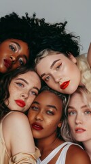 Obraz premium Bright portrait of a group of young women with different types of appearance and makeup. Suitable for advertising cosmetics, fashion blogs and social networks dedicated to beauty and style.