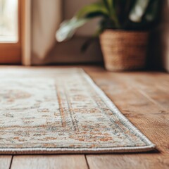 Naklejka premium Elegant Area Rug Placement Cozy Living Room Interior Design Natural Light Ground Level Home Aesthetics for Enhanced Comfort
