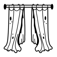 Dirty torn curtains icon in hand drawn style