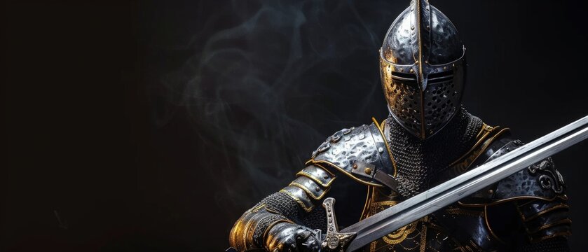 Knight in armor with sword against a dark, smoky background. Ideal for historical novels, fantasy games and advertising themed events.