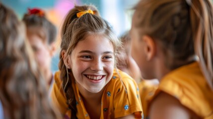 Happy girl in school uniform among peers. Suitable for educational resources, children's blogs and materials about school life.