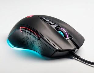 Close-up of a sleek black gaming mouse with RGB lighting and ergonomic design.