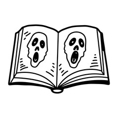 A hand drawn icon of a scary book with ghost pictures